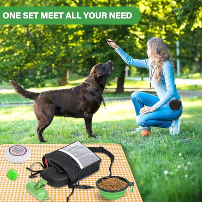 Dog Treat Pouch Pet Training Kit - Silicone Treat Bag Magnetic Closure, Puppy Training Clicker, Dog Whistle, Collapsible Dog Bowls, Poop Bags & Holder, 4 Ways to Wear Walking Fanny Pack-Black