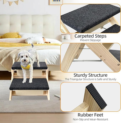 Dog Stairs/Ramp for Bed, Wooden Convertible Pet Steps, Portable Dog Ladder Up to 180 Pound for Elderly/Short-Legged Dogs, 2 Steps for Beds, Couch, Cars