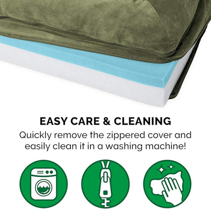 Furhaven Cooling Gel Dog Bed for Medium/Small Dogs w/ Removable Bolsters & Washable Cover, For Dogs Up to 35 lbs - Faux Fur & Velvet Sofa - Dark Sage, Medium