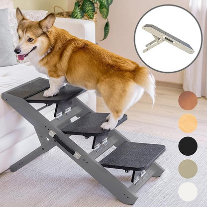 Dog Steps for Bed & Couch 2-in-1 Dog Stairs/Ramp - Height Adjustable Dog Ramp for Couch 7” - 20” - Pet Stairs, Dog Stairs for Small Dogs - Easy to Move Pet Steps with Landing Platform, Gray