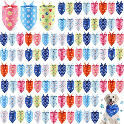 100 Pieces Paw Print Dog Bandanas Bulk Paw Bandanas for Dogs Soft Bibs Adjustable Triangle Doggie Scarves for Small Medium Large Pets Party Costume