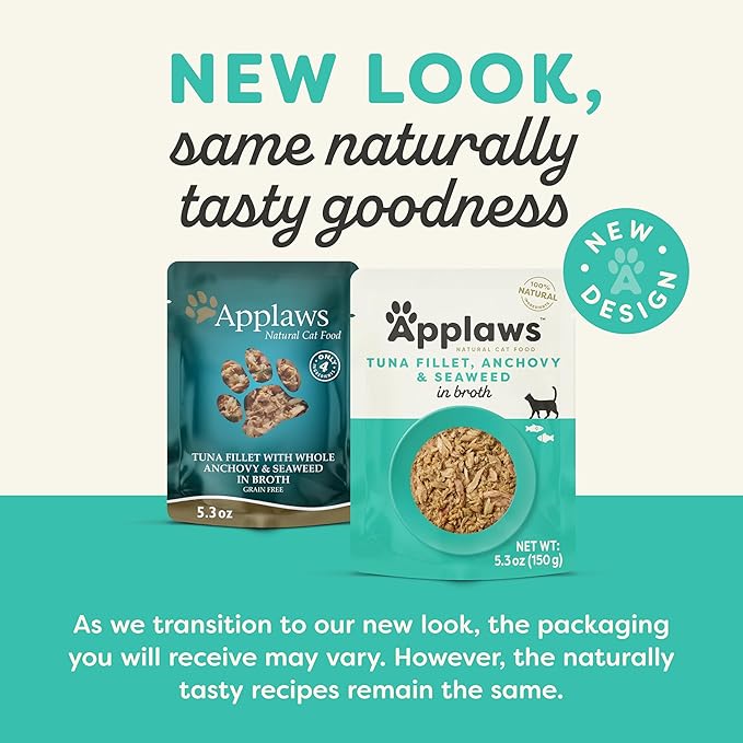 Applaws Natural Wet Cat Food in Broth, Limited Ingredient Wet Cat Food Pouches, No Additives, Made with Natural Ingredients, Tuna Fillet with Anchovy & Seaweed in Broth (12 x 5.3oz Pouches)