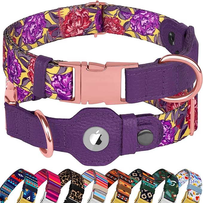 AirTag Dog Collar for Small Medium Large Breed - Adjustable Cute Pattern Dog Collar with Airtag Holder - Soft Leather Tracker GPS Apple Air Tag Pet Collars (Small, 12"-15" Neck Fit, Peonies)