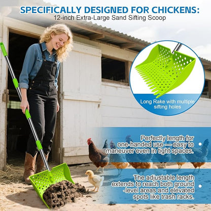12-Inch 2-in-1 Chicken Poop Scooper & Rake – US Patent Pending – 3-Shape Sifting Holes Chicken Coop Rake，Stainless Steel Handle （20–61"）– Litter Scoop Sand & Sifting Shovel for Chicken Coops(Green)