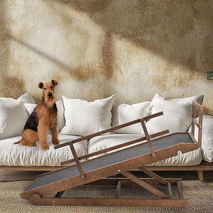Dog Ramp for Bed, 5 Level Adjustable Dog Ramp for High Beds, Upgrade Rubber Mat High Traction Ramp with Safety Rails, Folding Pet Ramp for Bed, Couch,SUV, Natural Wood Pet Ramp for Small & Old Dogs