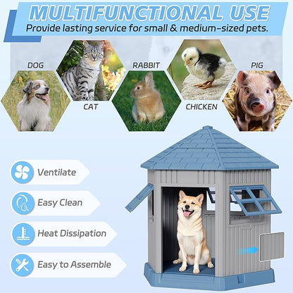 Durable Dog House Indoor Outdoor for Small Medium Dogs, Weatherproof Puppy Shelter with Elevated Floor & Air Vents, Easy Clean and Assemble (Blue, 36.61L*29.5W*37.4H)