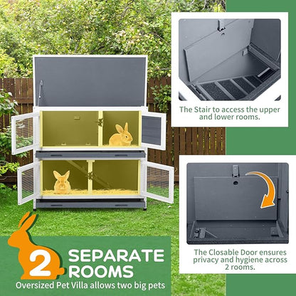 2 Story Solid Wood Rabbit/Bunny Hutch with 2 Large Main Rooms, Indoor Outdoor Rabbit House Guinea Pig Cage Pet House for Small Animals with Ventilation Door Removable Tray Waterproof Roof (Grey)
