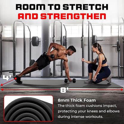 8FT x 4FT Extra Large Exercise Mat - PVC Floor Workout Mat with Carry Bag, Cleaning Cloth - Non slip Thick Workout Mats for Home Gym Flooring, Fitness Training Mat for Weights Pilates Cardio