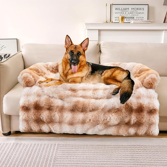 FUNNY FUZZY Pet Fluffy Plush Calming Dog Couch Bed Sofa Protector Washable Pets Mat for Large Medium Small Dogs and Cats (Tie-dye Brown,47.24 × 37.4 × 6.3 in)