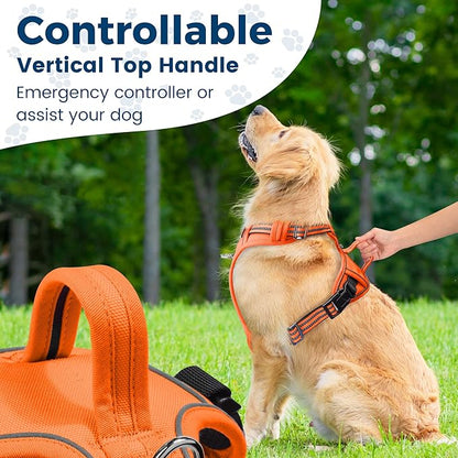 Funfox Dog Harness No Pull, Adjustable Pet Vest Harness, Super Soft Material with Vertical Handle Easy Control, Reflective Night Walking, 2 Leash Clips for Small Sized Dogs, Orange, S