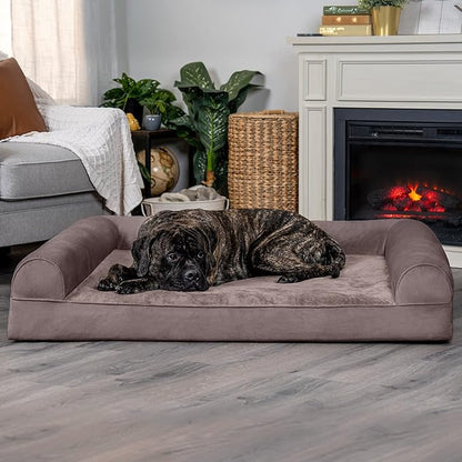 Furhaven Orthopedic Dog Bed for Large Dogs w/ Removable Bolsters & Washable Cover, For Dogs Up to 125 lbs - Faux Fur & Velvet Sofa - Driftwood Brown, Jumbo Plus/XXL