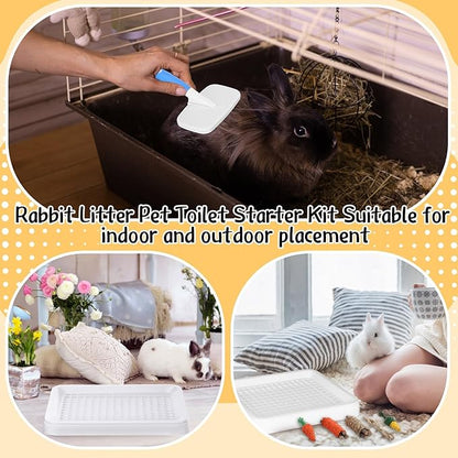 19 Pcs Rabbit Starter Kit Small Bunny Litter Box Animal Grooming Kit Water Bottle Bunny Toys Hay Feeder Bowl Blankets with Cleaning Set for Guinea Pig Rabbit Accessories (White)