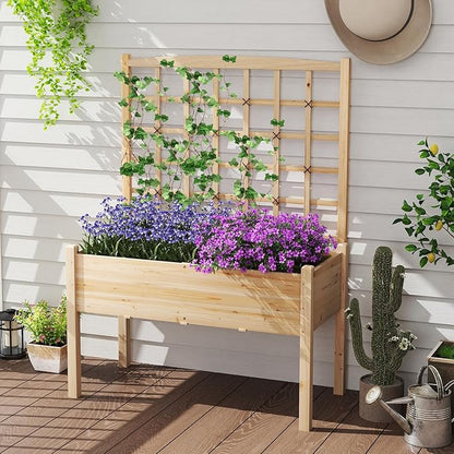 Giantex Raised Garden Bed with Trellis, Wooden Elevated Planter Box with Legs, Drainage Holes for Climbing Plants Vines Vegetables Flowers Herbs, Outdoor Horticulture Planter for Patio Yard (Natural)