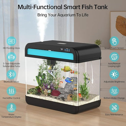 Fish Tank Aquarium 6.3 Gallon Fish Bowl with Music Humidifier 7 Color Auto-Looping Light Adjustable Quiet Pump, Temperature Display, Bottom Water Changer, HD Float Glass, Leak-Proof Thickened Base
