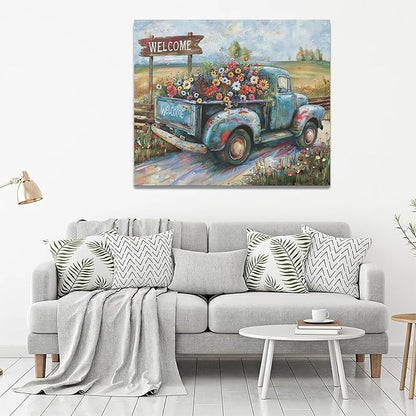Farmhouse Truck Wall Art Rustic Country Wildflowers Wall Decor Road Flowers Landscape Pictures Canvas Print Painting Artwork for Bathroom Living Room Bedroom 20"x24"