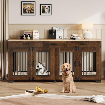 71 Inch Dog Crate Furniture for 2 Rooms, Wooden Double Crate Large Breed with Door, Dog Kennel Indoor, TV Stand End Table with Divider for Large Medium Dogs,Brown