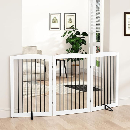 Freestanding Pet Gate for Dogs, Foldable Wooden Dog Gate for House Indoor, Tall Pet Fence for Stair, Doorway,Hall, Support Feet Included, 3 Panels 32",White