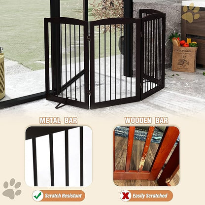 Freestanding Pet Gate for Dogs, Indoor Wooden Foldable Dog Gate for House, Doorway, Stair, 80 Inch Wide, 4 Panels 32",Brown