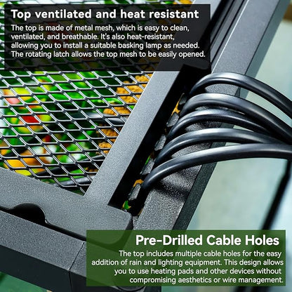 Glass Reptile Tank Front Opening Terrarium Suitable for Leopard Geckos, Snakes, Tree Frogs, Chameleons,Watertight Base, Ventilated Metal Mesh Top, Pre-Drilled Cable Holes 23.9x18x18''