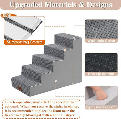 GGIB Dog Stairs for Small Dogs Cats Non-Slip Dog Steps for High Bed Pet Stairs for Sofa Couch Pet Ramp Pet Steps with Removable Washable Cover, Grey, 22" H, 5-Step