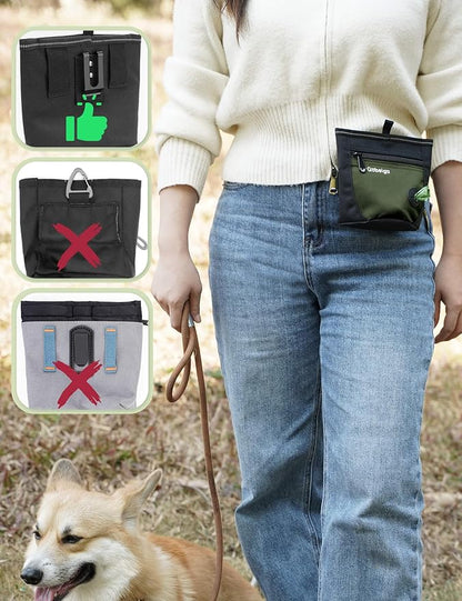 Gobeigo Dog Treat Pouch and Training Clicker, Upgrade Two Magnetic Closure to Prevent Spills, 2 Cup Treat Bag with Poop Bag Dispenser, Metal Clip Waist Belt Fanny Pack for Pet Walk (Black/Army Green)