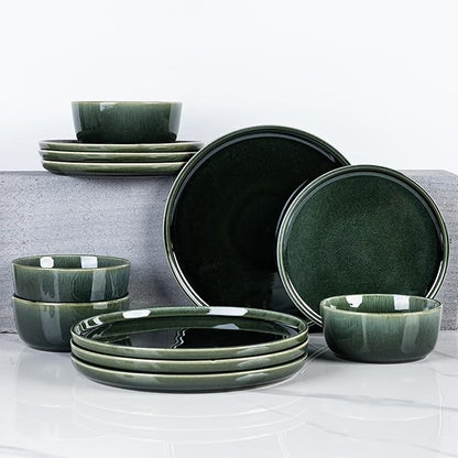 GBHOME Ceramic Dinnerware Sets for 6, 18 Pieces Stoneware Plates and Bowls Sets, Reactive Glaze Dishes -Scratch Resistant, Dishwasher&Microwave Safe, Earth Green