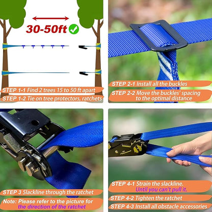 2×56ft Ninja Warrior Obstacle Course for Kids - 600 lbs Weight Capacity, Slackline Obstacle Course with 8 Ninja Accessories - Monkey Bar, Rope Ladder, Gymnastic Ring, Arm Trainer and Monkey Fist