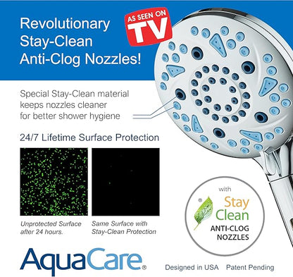 AquaCare High Pressure 10 Spray Mode Filtered Showerhead - Handheld Shower Head Filters Chlorine to Heal Dry Skin, Revive Hair - Dual Power Wash Cleans Tub, Tile, Pets - Hard Water Softener, Chrome