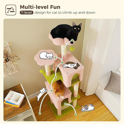 Flower Cat Tree, 62-Inch Large Cat Tower for Multi-Cat Households w/Scratching Posts, Multi-Level Cat Condo w/Cozy Top Perch & Scratching Pad, Padded Platform, 2 Pompoms, Pink