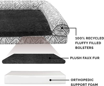 Furhaven Orthopedic Dog Bed for Large Dogs w/ Removable Bolsters & Washable Cover, For Dogs Up to 125 lbs - Plush & Southwest Kilim Woven Decor Sofa - Boulder Gray, Jumbo Plus/XXL