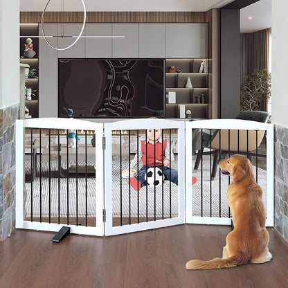 Freestanding Panel Dog Gate for Indoor Doorways, Stairs, or Hallways - Foldable Wooden Pet Gate, 24" Height - 3 Panels, White