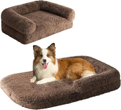 EHEYCIGA Foldable XXL Dog Bed, Faux Fur Fluffy Pet Couch Bed for Extra Large Dogs, Orthopedic Calming Memory Foam Big Pet Bed, Washable Soft Pet Sofa Bed with Non-Slip Bottom, Brown, 54"x38"x7.5"