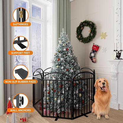 8 Panles Full Matel Freestanding Dog Gates with Door, 192"Extra Wide 32"Tall Free Standing Dog Pet Gate for Indoor & Outdoor. Foldable Pet Fences for Doorways, House, Stairs, Porch, Deck, Yard
