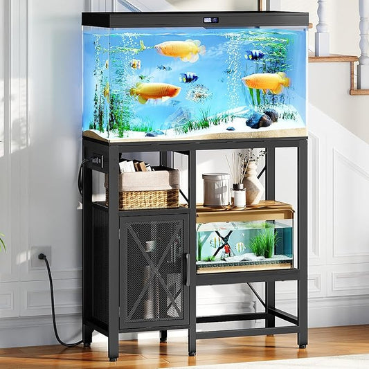 20-37 Gallon Fish Tank Stand, Aquarium Stand with Power Outlet and Storage Cabinet, Heavy Duty Tank Stand Suitable for Turtle Tank, Reptile Terrarium, for Home Office, Black FTHB40E01