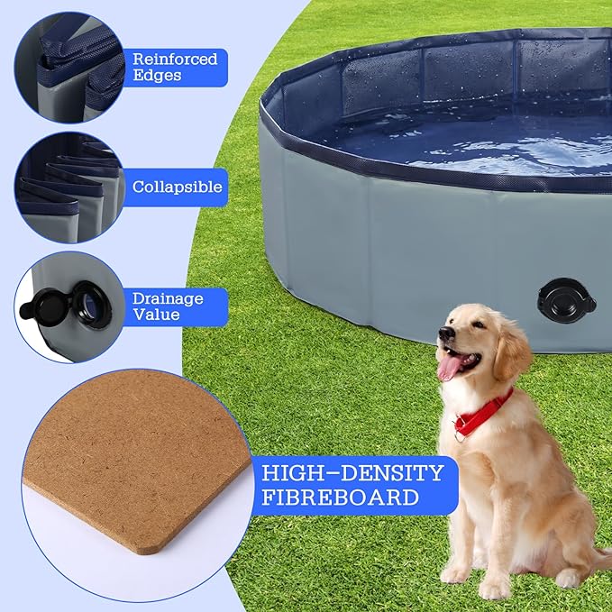 Foldable Dog Bath Swimming Pool Plastic Kiddie Pool Professional Tub Collapsible Grooming Bathtub for Pets Kids Baby and Toddler, 32 x 8 Inches Gray