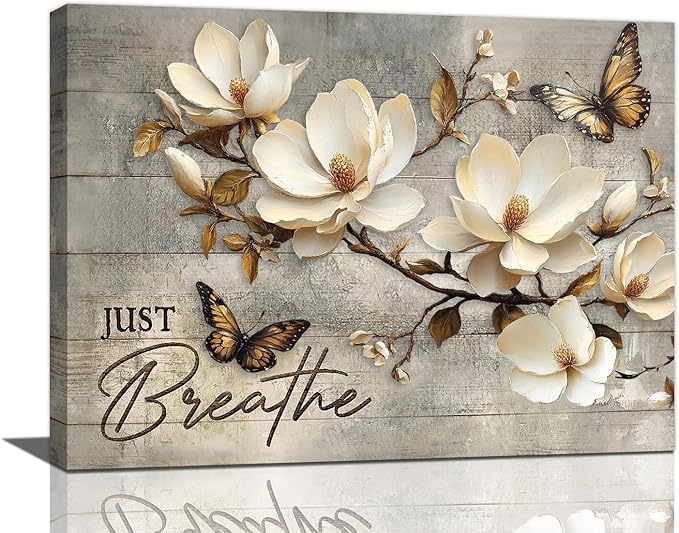 Floral Magnolia Bathroom Pictures Wall Art, Just Breathe Bathroom Wall Decor, Flower Butterfly Framed Painting Canvas Artwork for Bedroom Living Room Decorations 16"L x 12"W