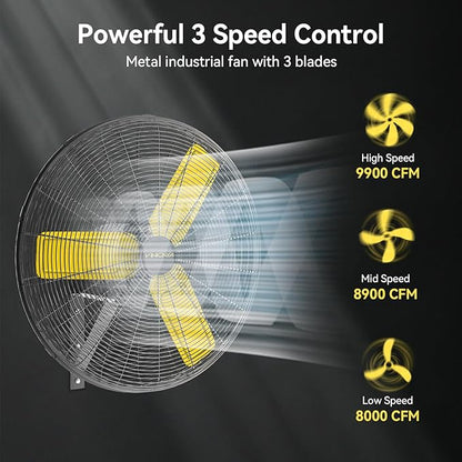 30 Inch Industrial Wall Mount Fan Oscillating, 8900 CFM Commercial Metal Wall Fans with Poweful Motor, 3 Speed, Heavy Duty Construction Indoor for Warehouse, Workshops, and Garage, UL Listed