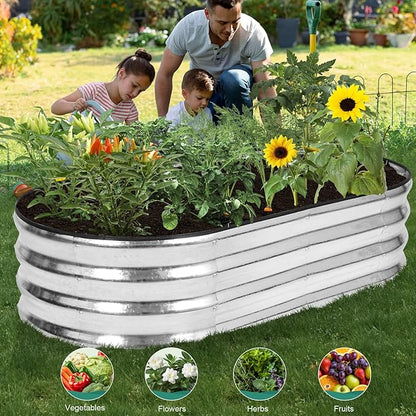 Galvanized Raised Garden Bed - 4×2×1ft (2 Packs) Planter Raised Beds for Gardening | Oval Metal Garden Planter Box with Safety Edging and Gloves for Vegetables Fruits and Flower - Silver