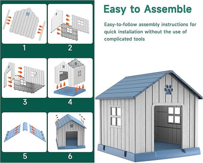 DRATO Dog House Indoor Outdoor for Small to Large Sized Dogs Indoor Outdoor Doghouse Puppy Shelter with Elevated Floor, Easy to Assemble (Blue, 38Inch(37.8 * 40.87 * 38.82))