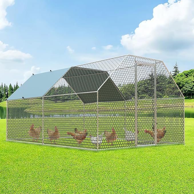 4ever2buy Chicken Runs for Yard with Cover, Large Metal Chicken Run Walk in Metal, Outside Dog Kennel with Roof, Flat Roofed Outdoor Kennel for Cats(9.2’Lx12.47’Wx6.4’H)