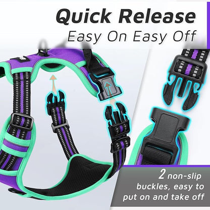 Eagloo Dog Harness for Large Dogs, No Pull Service Vest with Reflective Strips and Control Handle, Adjustable and Comfortable for Walking, No Choke Harness with 2 Metal Rings, Purple & Green, M
