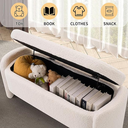 47.6 Inch Lamb Fleece Oval Storage Bench Upholstered Ottoman Bench with Storage, Bedroom Bench with Large Storage Space, for Bedroom Living Room Entryway, Beige