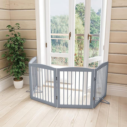 Freestanding Pet Gate - Foldable Wooden Dog Gate for House, Indoor, 80 Inch Wide, 4 Panels 24", Grey