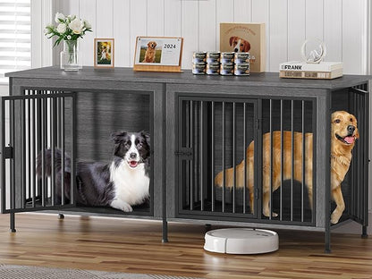 EasyCom 78 Inch Dog Cage Furniture for 2 Pets with Divider, XXL Wooden Double Dog Crate Furniture TV Stand for Mideum and Large Breed, Durable and Sturdy