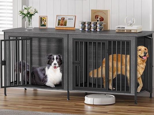 EasyCom 78 Inch Dog Cage Furniture for 2 Pets with Divider, XXL Wooden Double Dog Crate Furniture TV Stand for Mideum and Large Breed, Durable and Sturdy