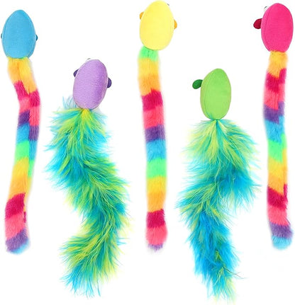 5 Pack Interactive Catnip and Feather Cat Toys, Multi-Colored Mice with Long Feather Tail, Accessories for Indoor Cat, Catnip Plush Toys with Natural Feathers and Rattles