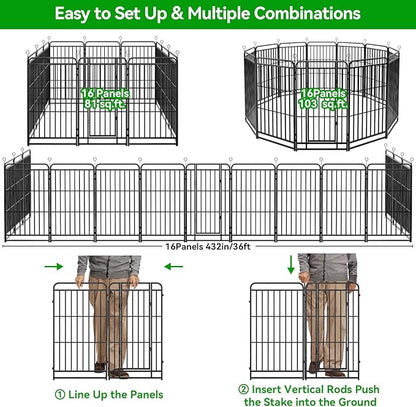 Dog Playpen Outdoor 16 Panels Heavy Duty Dog Fence 32" Height with Thick Pipe Anti-Rust with Doors Portable for RV Camping Yard, Total 36FT, 103 Sq.ft, Snowy Black