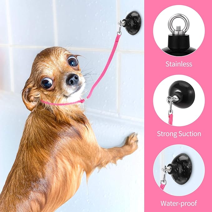 Frienda 4 Pieces Dog Bathing Tether with Suction Cup Pet Dog Grooming Tub Restraint Loops and Adjustable Cat Fixed Safety Rope for Pet Shower Bathing Grooming(Blue Black Pink)