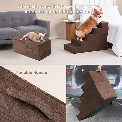 EHEYCIGA Dog Stairs for High Bed 25" H, 5-Step Extra Wide Dog Steps for Bed, Pet Steps for Small Dogs and Cats, Non-Slip Balanced Pet Ramp Indoor, Brown