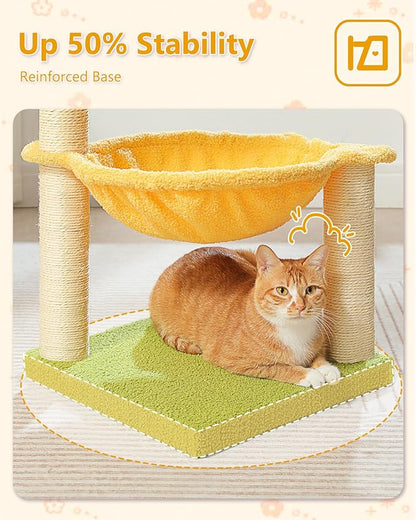 28" Flower Cat Tree Cute with Flower Top Perch, Large Hammock for Indoor Small Cats, Small Cat Tower with Cute Scratching Post and Fur Toy Ball for Kittens, Yellow
